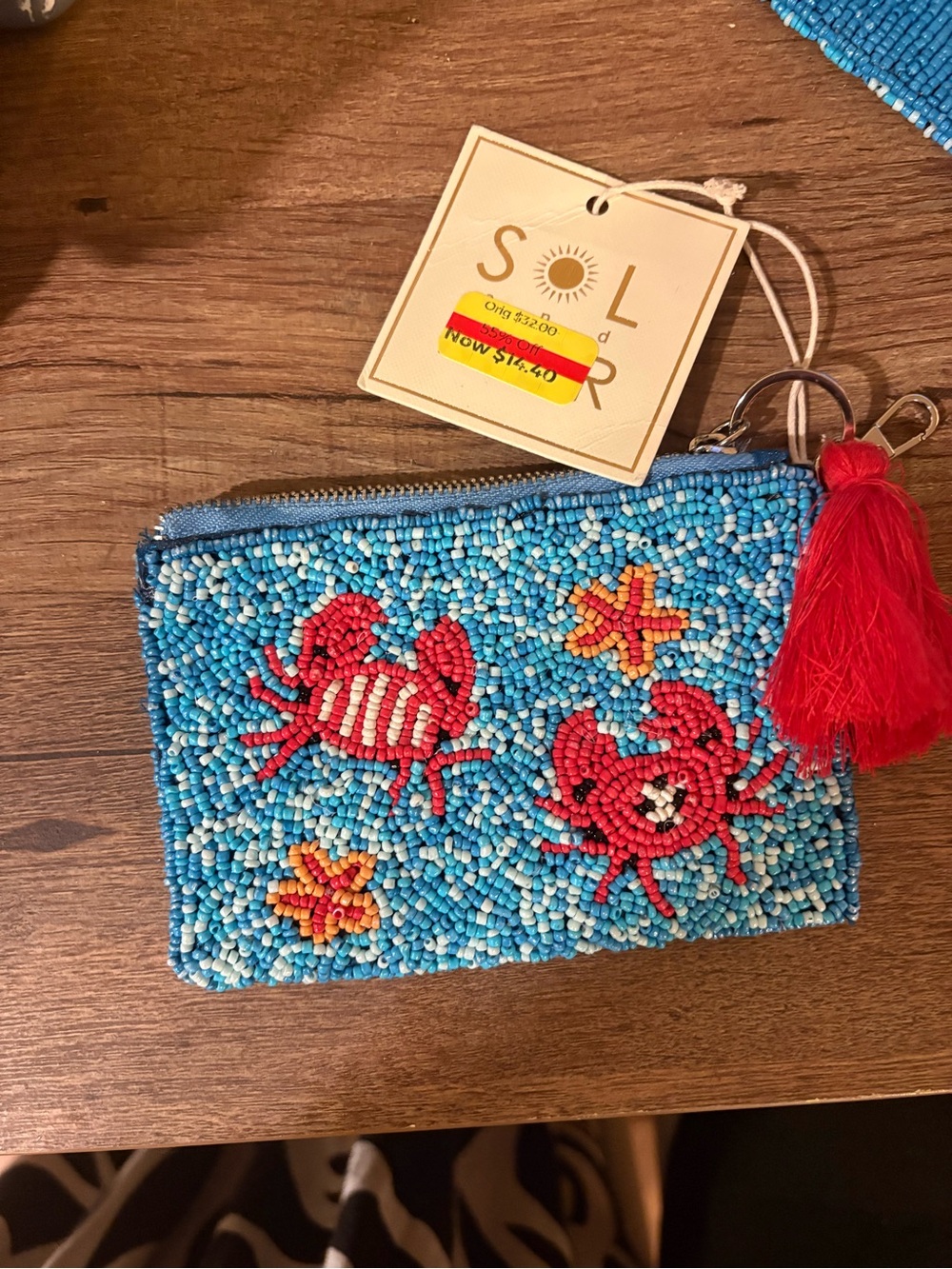 SOL AND MER Beaded Mini Pouch - Blue with Red Crab Motif